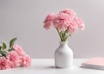 Mockup white desk note and pink flowers in a vase on a light background. Spiral note for mockup template advertising and branding 