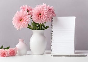 Mockup white desk note and pink flowers in a vase on a light background. Spiral note for mockup template advertising and branding 