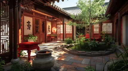 Fototapeta na wymiar Traditional Chinese courtyard house with red lacquer furniture, courtyard garden, and wooden screens.