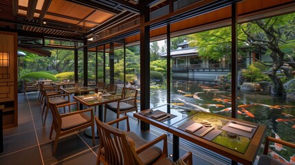 Traditional Japanese kaiseki restaurant with low dining tables, tatami mat flooring, and koi pond...