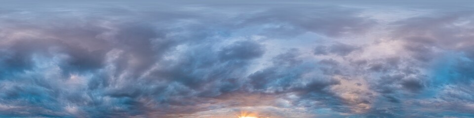 Dramatic overcast sky panorama with dark gloomy Cumulonimbus clouds. HDR 360 seamless spherical panorama. Sky dome in 3D, sky replacement for aerial drone panoramas. Climate and weather change.