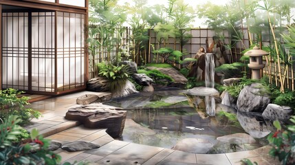 Traditional Japanese teahouse garden with a tatami mat tea room, bamboo water feature, and Zen rock...