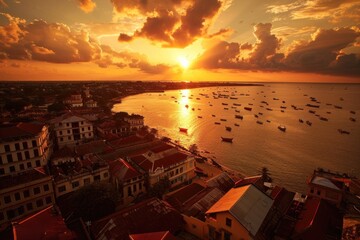 Aerial Town. Sunset Over Stone Town Waterfront, Zanzibar, Tanzania