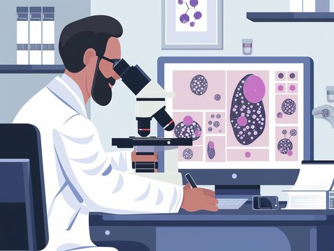 Pathologist examining tissue samples of the spleen, microscope view, lab, tight shot, precise focus
