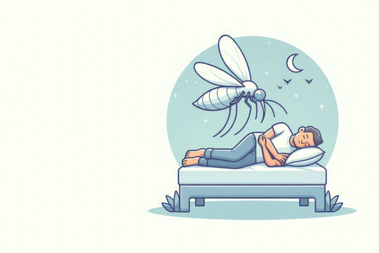 A mosquito flying over a sleeping man. Space for text.