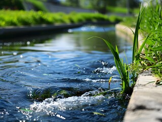Fototapeta premium A river undergoing ecological water treatment, depicted with clear flowing water and surrounded by a healthy natural environment.