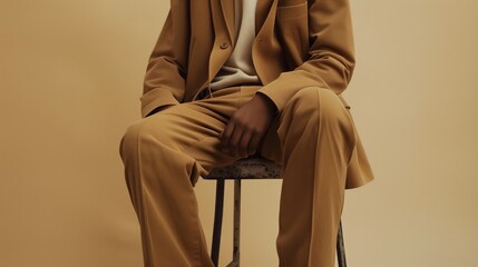 A person dressed in an elegant beige suit sitting on a rustic stool, set against a matching monochrome background.