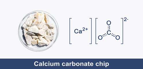 Calcium carbonate chip in chemical watch glass with molecular structure on white laboratory table. Top view