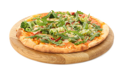 Board with delicious vegetarian pizza isolated on white