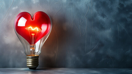 A glowing red heart-shaped light bulb on a textured dark gray background symbolizes love and passion.