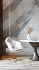 A modern room design featuring a stylish interior with a marble wall, exemplifying elegance and contemporary aesthetics.