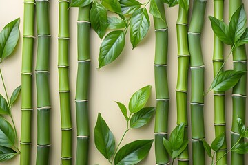 Vivid Green Bamboo and Fresh Leaves on a Pale Background