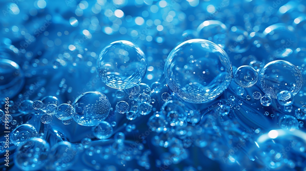 Poster blue soap bubbles macro: abstract cell structure concept in science and chemistry - vector illustrat