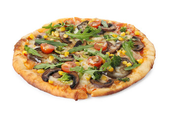 Delicious vegetarian pizza with mushrooms, vegetables and arugula isolated on white