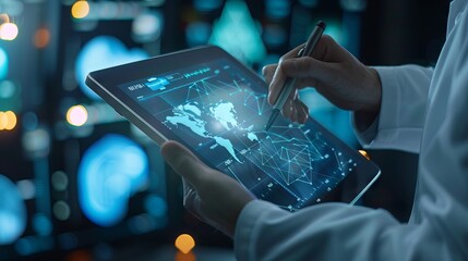 Cardiologist reviewing patient data on digital tablet - modern medical technology concept with electronic health records and virtual interface