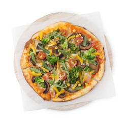 Delicious vegetarian pizza with mushrooms, vegetables and arugula isolated on white, top view