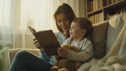 relaxing 35 years old Caucasian mother is reading with 7 years old son at home