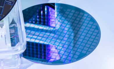 silicon wafer semiconductor with neon color, integrated circuits to manufacture CPU and GPU