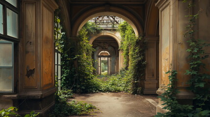 Abandoned palace castle overgrown with vegetation, ivy and vines. Empty atrium halls, no one around. Building is captured by nature and vegetation