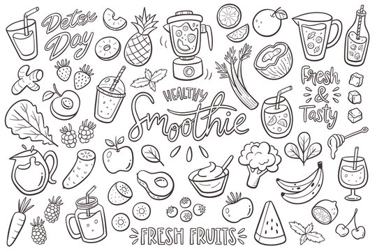Smoothies food ingredients and essentials. Hand-drawn doodle isolated icons perfect for smoothie cooking recipes and restaurant menu designs. Fruits, vegetables, milk, yogurt, and more. Vector.