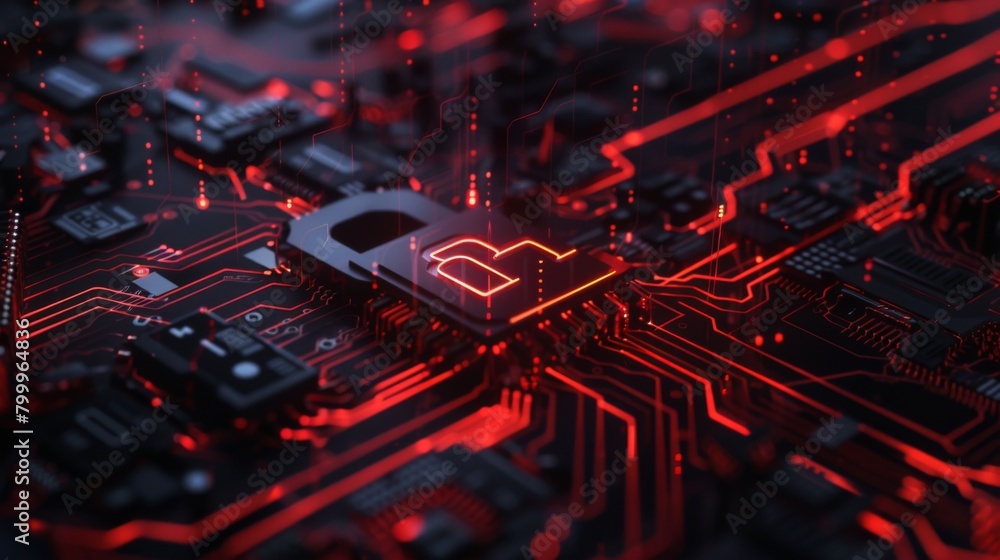 Poster lock on a circuit board background, digital security concept