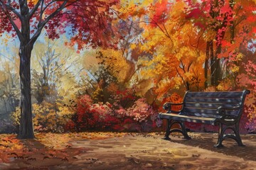 Fototapeta premium Inviting Park Bench Amidst Fall Foliage