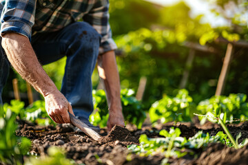 Close-up of a senior farmer working in the vegetable garden.