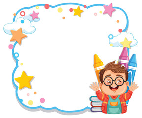 Obraz premium Cheerful young boy with giant crayons and stars.