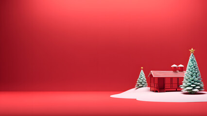 A red background with a house and two trees