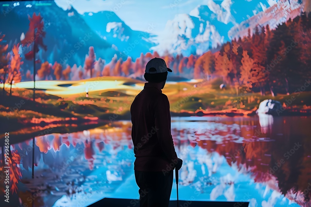 Poster golfer in front of virtual golf simulation with colorful abstract landscape backdrop. concept virtua
