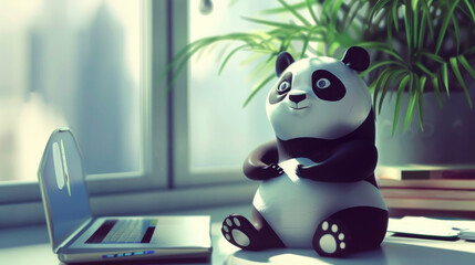 A fluffy stuffed panda bear seated in front of a laptop screen, appearing to be engaging with...