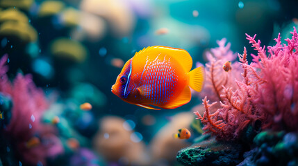 Obraz premium Vibrant Neon Glow Underwater Scene, Sea Bottom, Ocean Floor, Marine Life, Coral Reef, Scuba Diving. Colorful Fluorescent Light, Realistic Textures, Deep Water 