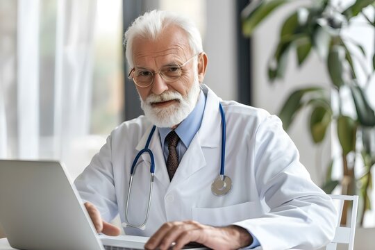 Elderly Male Doctor Consulting Patient Online Via Laptop In Telemedicine Appointment. Concept Telemedicine, Doctor Consultation, Online Health, Elderly Patients, Remote Healthcare