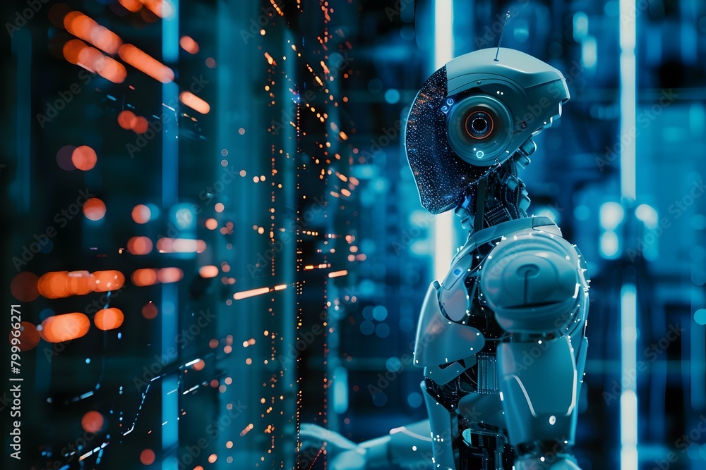 Poster utilizing ai and robotic arms in industry to develop virtual reality networks. concept ai in industr