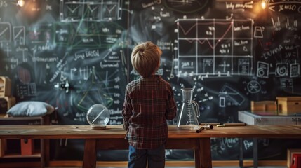 Young boy in a plaid shirt standing in a science lab, looking at a complex blackboard full of equations.