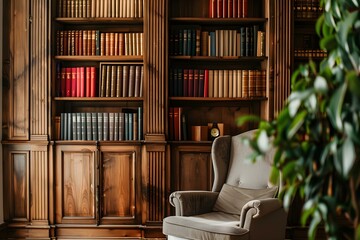 Elegant oak bookcase filled with hardcover books perfect for virtual meetings. Concept Home Office Decor, Stylish Bookcase, Virtual Meeting Background