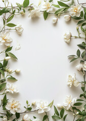 A frame of white gardenia flowers on a white background