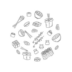 Asian food set doodle style. Vector illustration of Japanese Chinese Taiwanese cuisine menu for restaurants. - 799966623