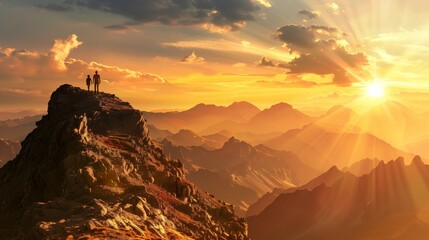 Two silhouetted figures stand atop a mountain ridge at sunset, overlooking a dramatic landscape.