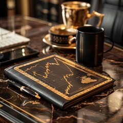 Highend office accessories with golden trading graph motifs, luxury financial aesthetics