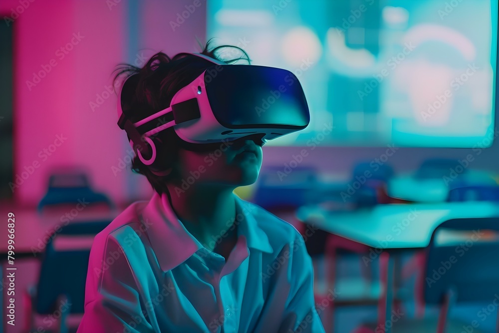 Poster student using vr headset for immersive learning experience in futuristic classroom setting. concept 