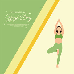 international yoga day wishes or greeting cteative post design with green color background or tree yoga, asana, pose, social, media, 21st, june, wishing, post, banner, vector, illustration,