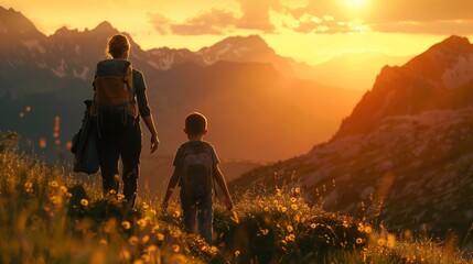 A woman and a young boy hiking together through mountainous terrain at sunset.