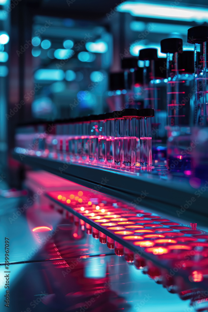 Poster a line of laboratory flasks filled with various colored liquids sitting on a lab bench