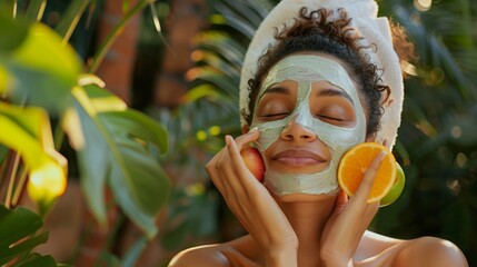 natural skincare line, a model applies a mask made with fresh fruits and vegetables in a serene garden setting