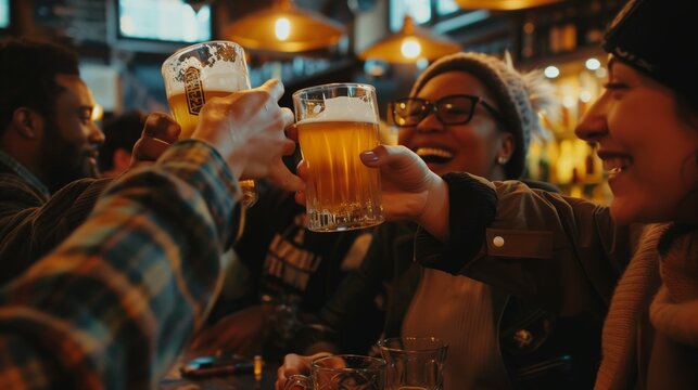 Cheerful diverse friends clinking beer glasses together in a lively bar setting