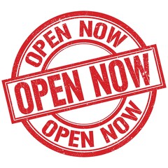 OPEN NOW written word on red stamp sign