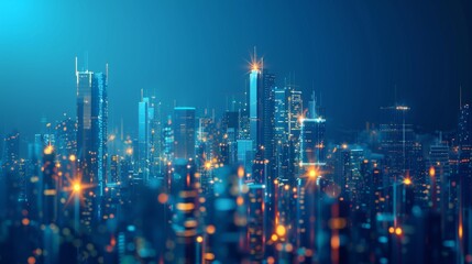 Obraz premium Abstract futuristic city skyline with glowing hologram buildings on a dark blue background