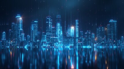 Abstract futuristic city skyline with glowing hologram buildings on a dark blue background