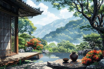 Traditional garden with mountain scenery in the background. 3D rendering
